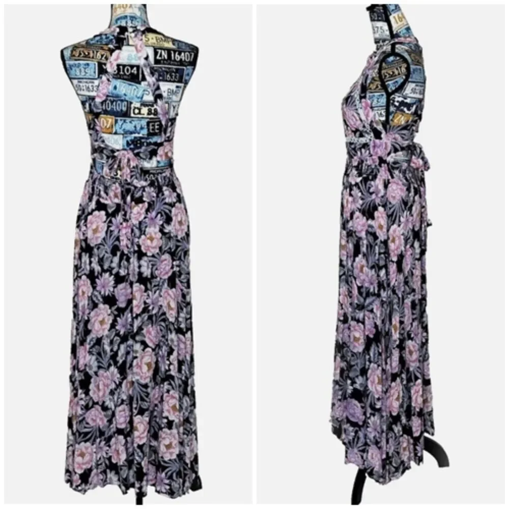 JAASE Endless Summer Floral Halter Maxi Dress Boho Wedding Side Slit Feminine M